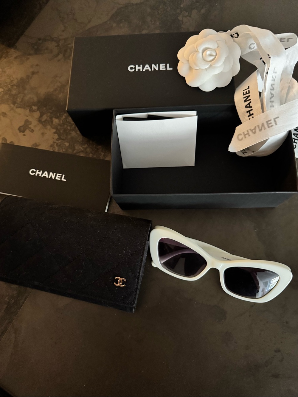 CHANEL White Pearl accent Cat-Eye Sunglasses with Black lens